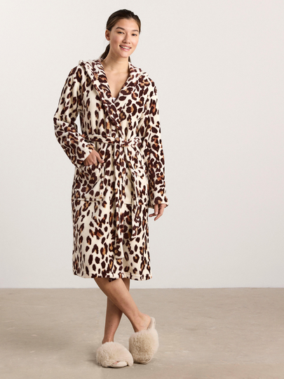 Morgonrock i fleece med leopardmönster