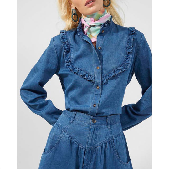 Zaves Chambray Blue Denim Ruffle Blouse Shirt