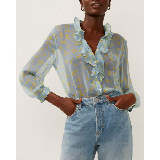 Bonita Blue Ruffle Front Sheer Shirt Shirt