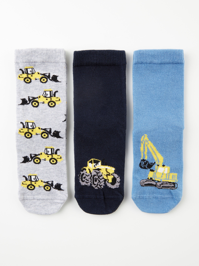 3-pack strumpor med antislip och byggfordon