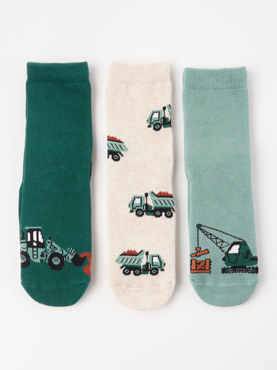 3-pack strumpor med antislip och byggfordon