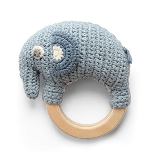 Virkad skallra på träring, Elefanten Fanto, powder blue