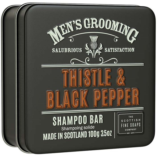 The Scottish Fine Soap Thistle & Black Pepper Shampoo Bar in a Tin 100