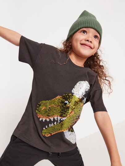 T-shirt med dinosaurie i vändbara paljetter